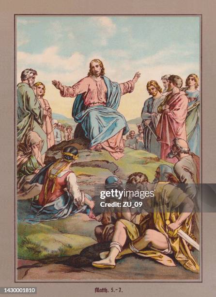 die bergpredigt, chromolithographie, erschienen um 1880 - jesus stock-grafiken, -clipart, -cartoons und -symbole