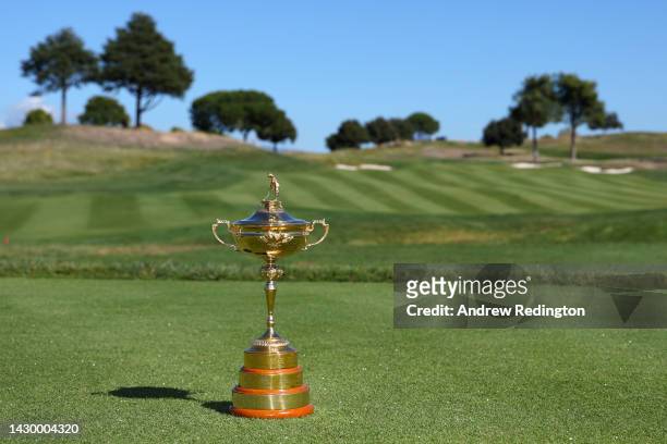 The Ryder Cup trophy is seen on the 1st hole during the Ryder Cup 2023 Year to Go Media Event at Marco Simone Golf Club on October 03, 2022 in Rome, .