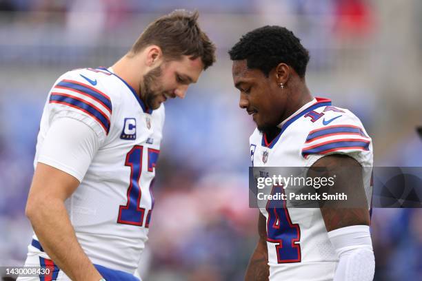 Quarterback Josh Allen of the Buffalo Bills and wide receiver Stefon Diggs of the Buffalo Bills look on together before playing against the Baltimore...