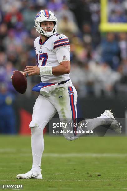 Quarterback Josh Allen of the Buffalo Bills rushes with the ball against the Baltimore Ravens at M&T Bank Stadium on October 02, 2022 in Baltimore,...