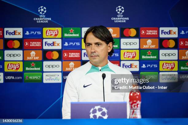 Head Coach Simone Inzaghi of FC Internazionale and Darmian Matteo of FC Internazionale speduring the press conference ahead of their UEFA Champions...