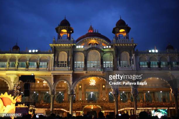 Thousands of electric bulbs add to the Stunning Lighting at Mysore Palace on the Occasion of Festival of Dusshera as seen on October 2, 2022. The 110...