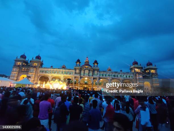 Thousands of electric bulbs add to the Stunning Lighting at Mysore Palace on the Occasion of Festival of Dusshera as seen on October 2, 2022. The 110...