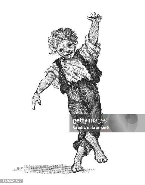 old engraved illustration of children's fun, dancing boy - drawing stock pictures, royalty-free photos & images