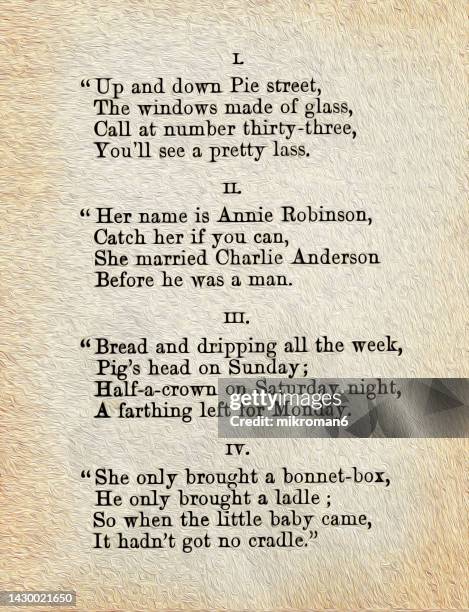 old engraved illustration of poem about poverty in society - old book pages stock pictures, royalty-free photos & images