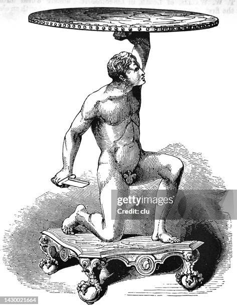 crystal palace exhibition, london 1851, gladiatorial table, man holding a round table above him - gladiator stock illustrations