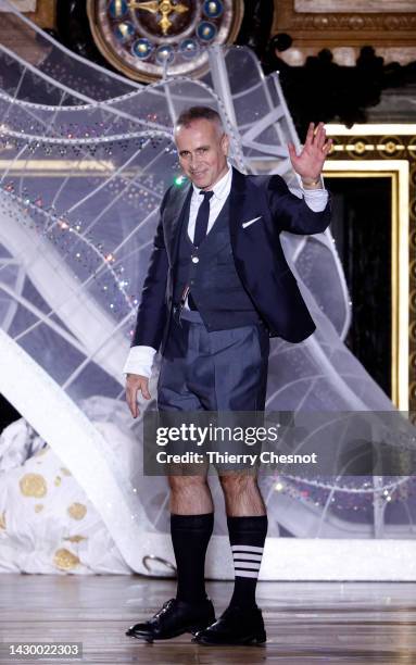 Fashion designer, Thom Browne acknowledges the audience at the end othe Thom Browne Womenswear Spring/Summer 2023 show as part of Paris Fashion Week...