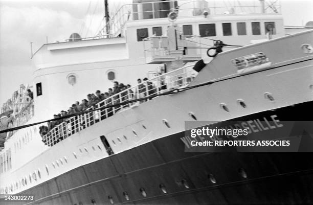 Arrival of French civilians and militaries from Algeria aboard the ship Ville De Marseille, in Marseille, France in May 1962.