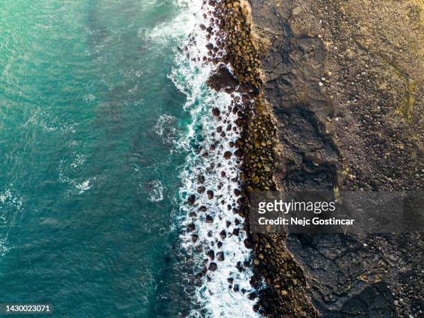 aerial view of icelandic cliff coast with rough ocean water and waves - snaefellsnes stock pictures, royalty-free photos & images