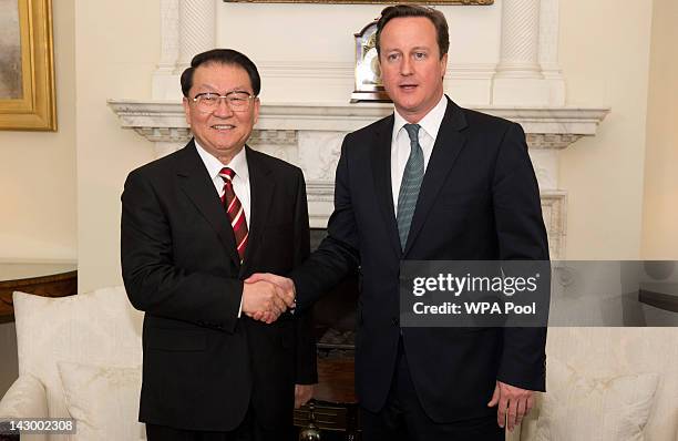 British Prime Minister David Cameron meets with Chinese Communist Party official Li Changchun at Downing Street on April 17, 2012 in London, England....