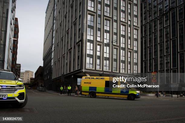 Police van with Thomas Cashman inside leaves Liverpool High Court on October 3, 2022 in Liverpool, England. Cashman appears charged with the murder...