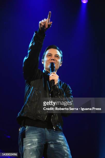 Italian musician and author Tiziano Ferro performs at Unipol Arena on April 13, 2012 in Bologna, Italy.