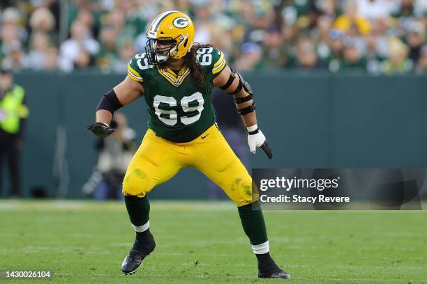 David Bakhtiari of the Green Bay Packers reacts to a play during a game against the New England Patriots at Lambeau Field on October 02, 2022 in...