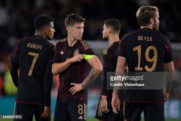 Angelo Stiller, Ansgar Knauff, Tom Kraub and Jordan Beyer of Germany during the International Friendly Match between England U21 and Germany U21 at...