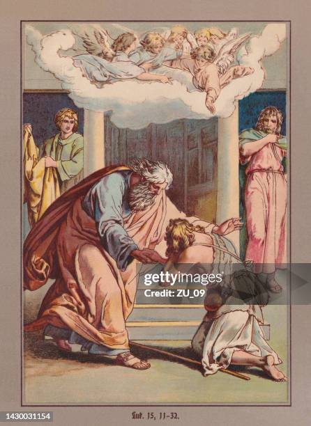 the parable of the prodigal son, chromolithograph, published ca. 1880 - prodigal son stock illustrations