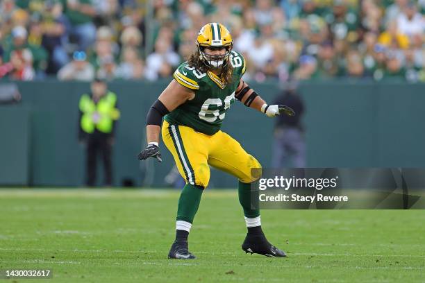 David Bakhtiari of the Green Bay Packers reacts to a play during a game against the New England Patriots at Lambeau Field on October 02, 2022 in...