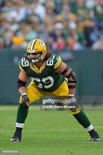 David Bakhtiari of the Green Bay Packers reacts to a play during a game against the New England Patriots at Lambeau Field on October 02, 2022 in...