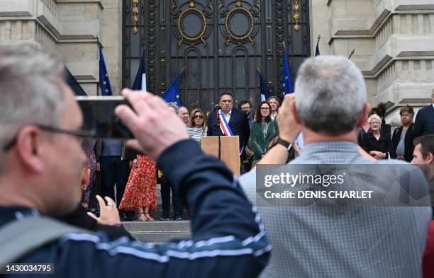 Mayor of Roubaix Guillaume Delbar addresses participants as they take part in a nationwide action in front of the Town Hall of Roubaix, northern...