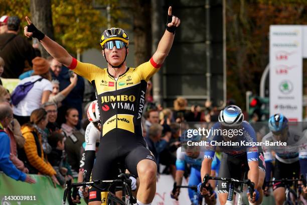 Olav Kooij of Netherlands and Team Jumbo - Visma celebrates winning during the 17th Sparkassen Münsterland Giro 2022 a 205,9km one day race from...