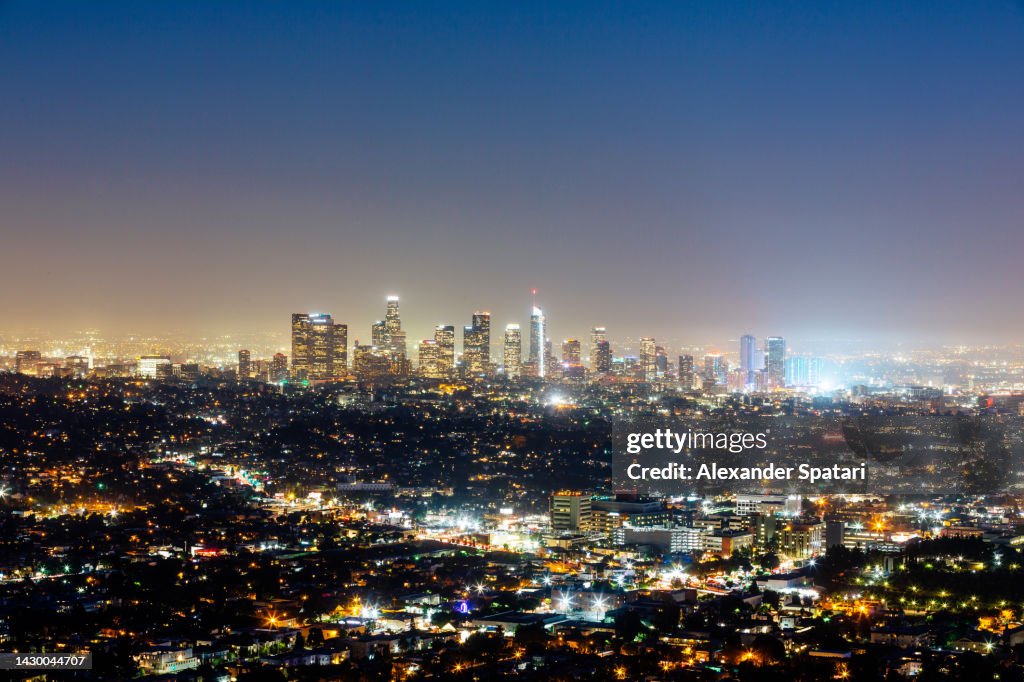 Los Angeles Downtown skyscrapers illuminated at night, California, USA