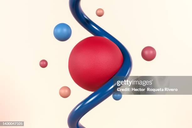 3d render of red spheres in the middle of a blue spiral with more small spheres - always on imagens e fotografias de stock