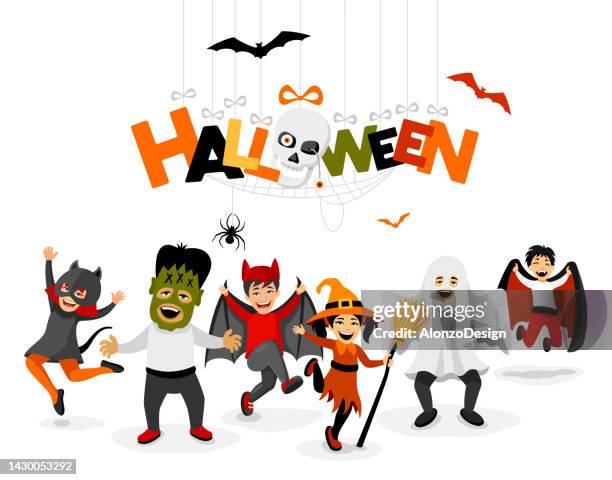 stockillustraties, clipart, cartoons en iconen met halloween party and kids costumes. template card with kids in halloween costumes. - verkleden