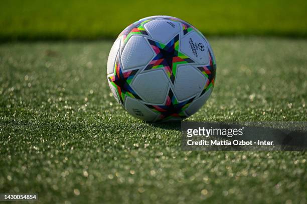 Detailed view of a UEFA Champions League ball during the FC Internazionale training session at the club's training ground Suning Training Center...