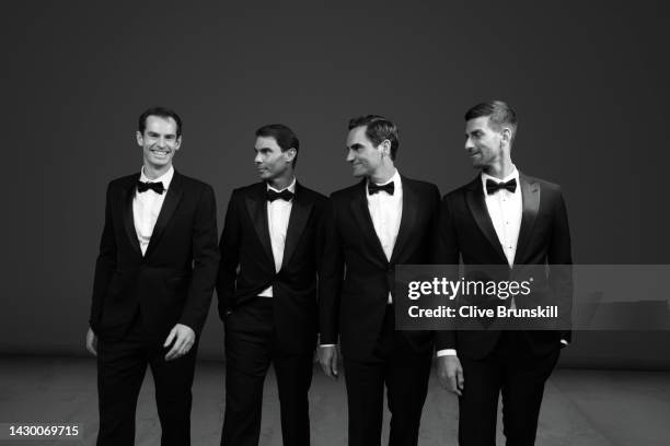 Andy Murray, Rafael Nadal, Roger Federer and Novak Djokovic of Team Europe pose for a photograph during a Gala Dinner at Somerset House ahead of the...