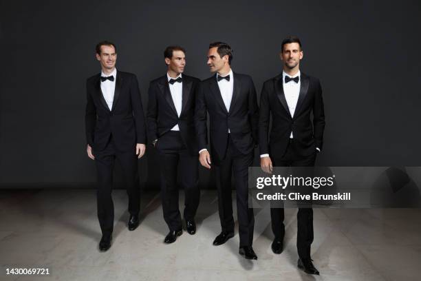 Andy Murray, Rafael Nadal, Roger Federer and Novak Djokovic of Team Europe pose for a photograph during a Gala Dinner at Somerset House ahead of the...