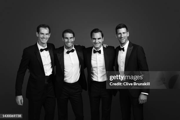 Andy Murray, Rafael Nadal, Roger Federer and Novak Djokovic of Team Europe pose for a photograph during a Gala Dinner at Somerset House ahead of the...