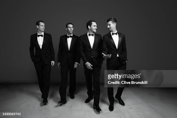 Andy Murray, Rafael Nadal, Roger Federer and Novak Djokovic of Team Europe pose for a photograph during a Gala Dinner at Somerset House ahead of the...
