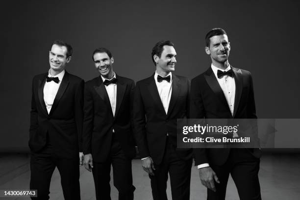 Andy Murray, Rafael Nadal, Roger Federer and Novak Djokovic of Team Europe pose for a photograph during a Gala Dinner at Somerset House ahead of the...