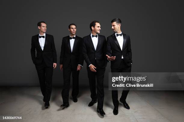 Andy Murray, Rafael Nadal, Roger Federer and Novak Djokovic of Team Europe pose for a photograph during a Gala Dinner at Somerset House ahead of the...