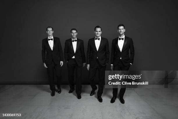 Andy Murray, Rafael Nadal, Roger Federer and Novak Djokovic of Team Europe pose for a photograph during a Gala Dinner at Somerset House ahead of the...