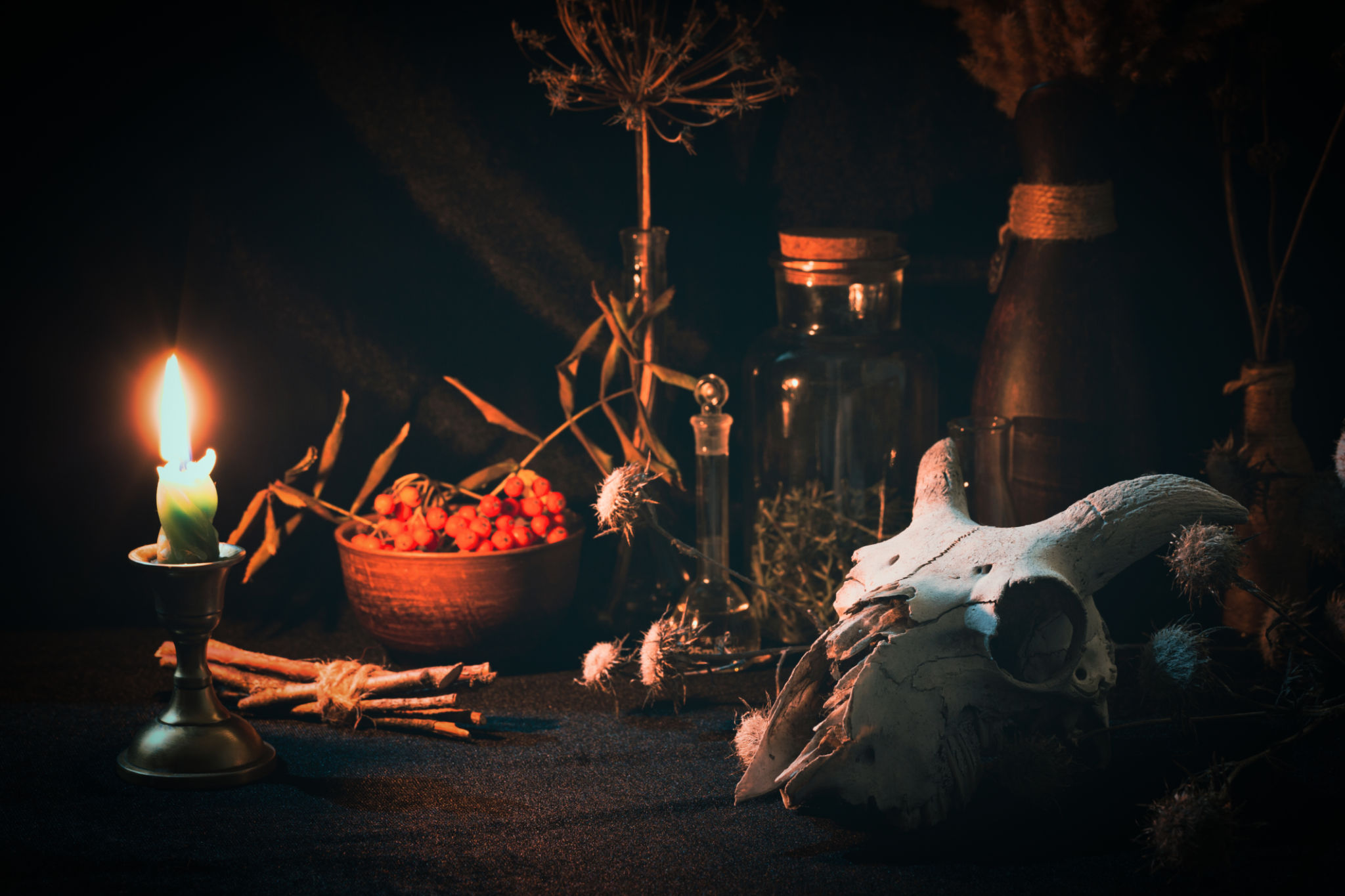 Samhain night. Witchs altar with goats skull, burning candle, dry herbs and magic vessels in the dark, low key, selective focus. Samhain night. Witchs altar with goats skull, burning candle, dry herbs and magic vessels in the dark, low key, selective focus.