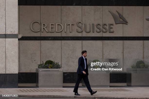 General view of Credit Suisse in the Canary Wharf business district on October 03, 2022 in London, England.