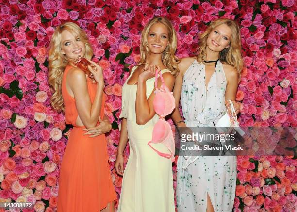 Models Lindsay Ellingson, Erin Heatherton and Toni Garrn attend the Victoria's Secret "Love Is Heavenly" Fragrance Launch at Victoria Secret Soho on...