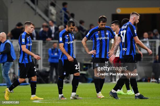 Nicolo Barella, Mkhitaryan Henrikh, Francesco Acerbia and Milan Skriniar of FC Internazionale dissapointed at the end of the Serie A match between FC...