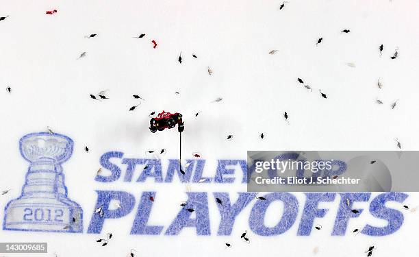 Victory rats cover the ice while Mike Weaver of the Florida Panthers skates through after deading the New Jersey Devils 4-2 in Game Two of the...