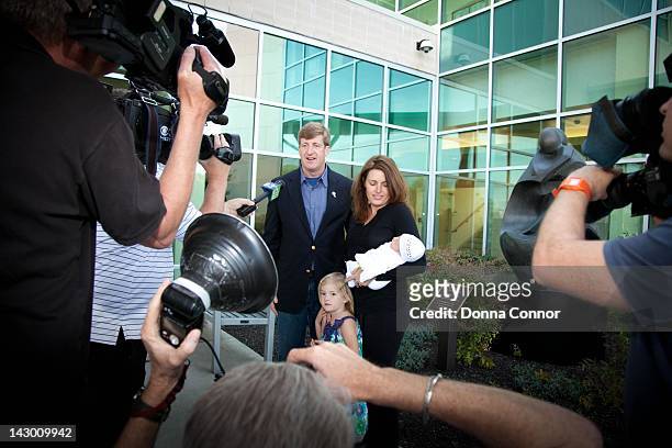 Former US Representative Patrick Kennedy and wife Amy Petitgout show off their new son, Owen Patrick, born April 15, 2012 at the Roger B. Hansen...