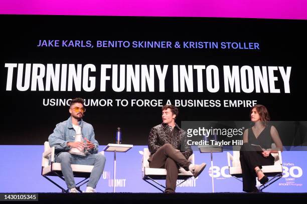 Jake Karls, Benito Skinner, and Kristin Stoller speak during the 2022 Forbes 30 Under 30 Summit at Detroit Opera House on October 03, 2022 in...