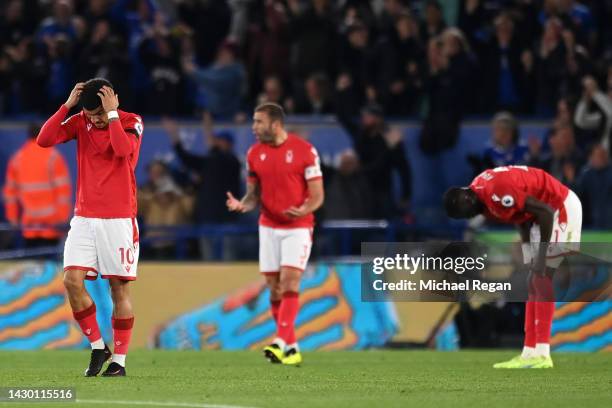 Morgan Gibbs-White of Nottingham Forest looks dejected after the Leicester City second goal during the Premier League match between Leicester City...