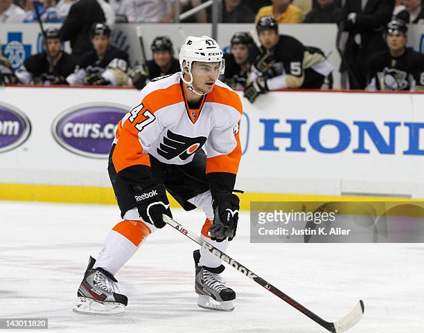 Eric Wellwood of the Philadelphia Flyers skates against the Pittsburgh Penguins in Game Two of the Eastern Conference Quarterfinals during the 2012...