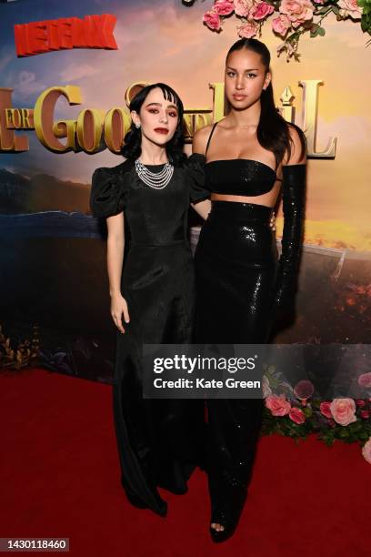 Sophia Anne Caruso and Sofia Wylie attend the Netflix screening of "The School for Good and Evil" at Curzon Soho on October 03, 2022 in London,...