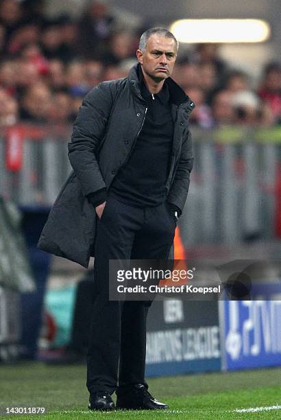 Head coach Jose Mourinho of Real Madrid looks on during the UEFA Champions League Semi Final first leg match between FC Bayern Muenchen and Real...