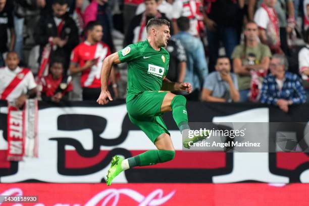 Lucas Boye of Elche celebrates after scoring their side's first goal during the LaLiga Santander match between Rayo Vallecano and Elche CF at Campo...