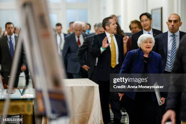 Treasury Secretary Janet Yellen arrives to a meeting with the Treasury Department's Financial Stability Oversight Council at the U.S. Treasury...