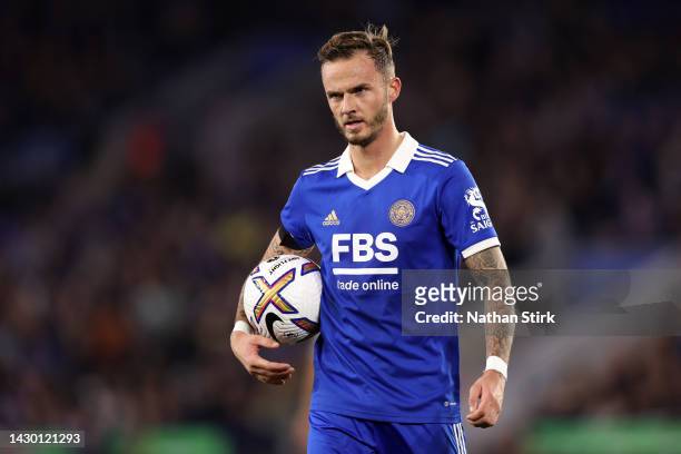 James Maddison of Leicester City looks on during the Premier League match between Leicester City and Nottingham Forest at The King Power Stadium on...