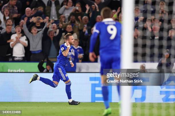 James Maddison of Leicester City celebrates after scoring their side's third goal from a free kick during the Premier League match between Leicester...