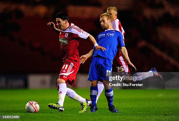 Boro forward Adam Hamill bursts through the Doncaster defence during the npower Championship match between Middlesbrough and Doncaster Rovers at...